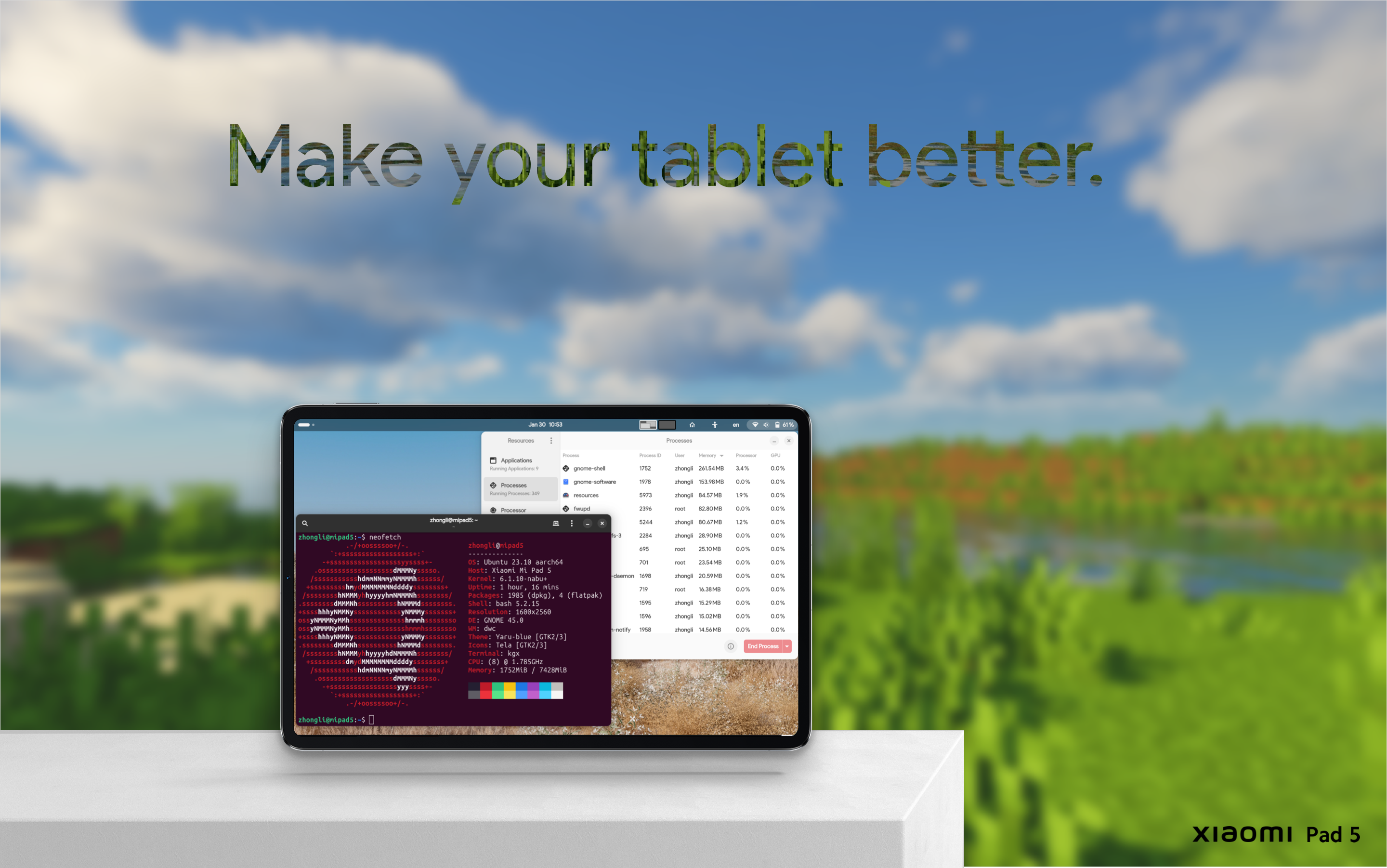 A  designed picture showing a tablet is running Arch Linux. 